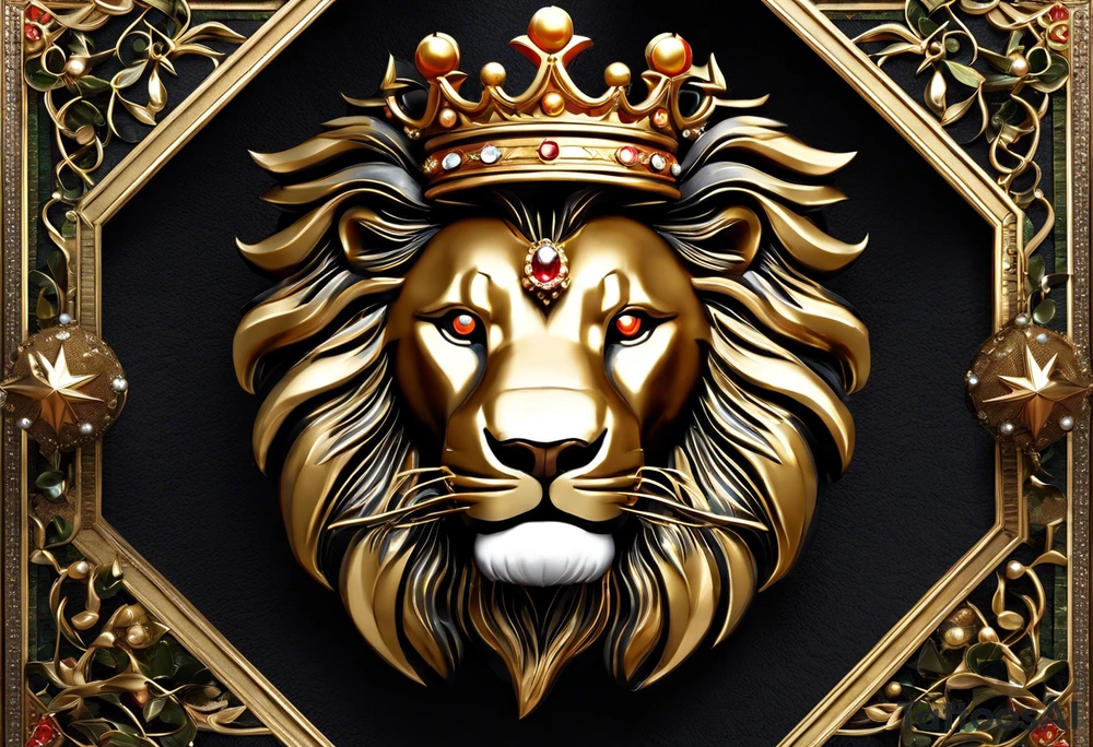 Lion’s Face: Positioned centrally, with intricate details.
North Star and Twin Star: Placed above the lion’s head, symbolizing guidance and direction for both you and your sister.
Crown with Pearls: On the lion’s head, representing "king" and adorned with pearls for added detail.
Scepter with Pearls: Positioned next to the lion, also adorned with pearls.
Flowers: Surrounding the design with detailed petals and centers.
Intertwined Lilies: Subtly included to symbolize you and your twin sister.
Winding Road: Flowing through the background with added details, representing your journey.
Gemini Symbol: Integrated into the design, representing the bond with your twin sister. tattoo idea