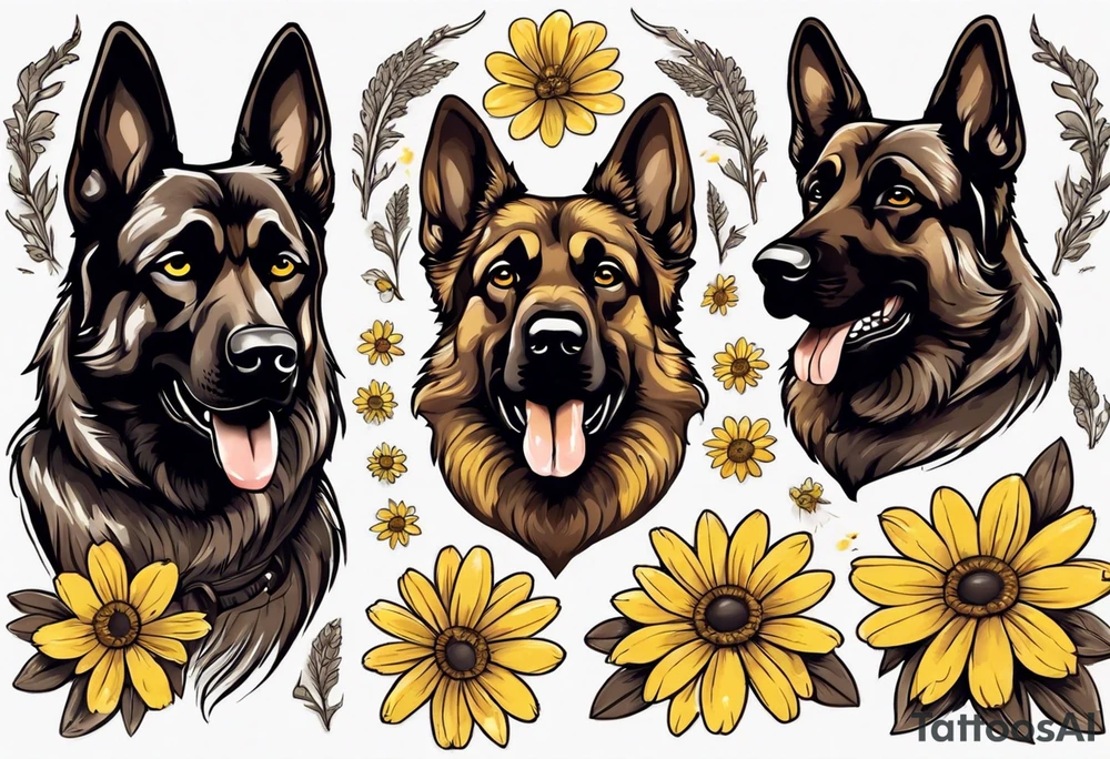 Dark Brown German shepherd portrait surrounded by yellow daisies tattoo idea