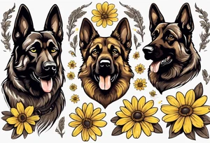 Dark Brown German shepherd portrait surrounded by yellow daisies tattoo idea