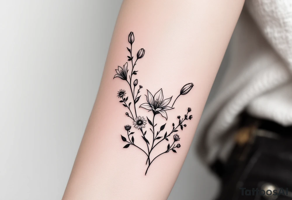 Dainty Stargazer lillies with small sunflowers and tulip buds in a dainty wildflower bouquet with stems tattoo idea