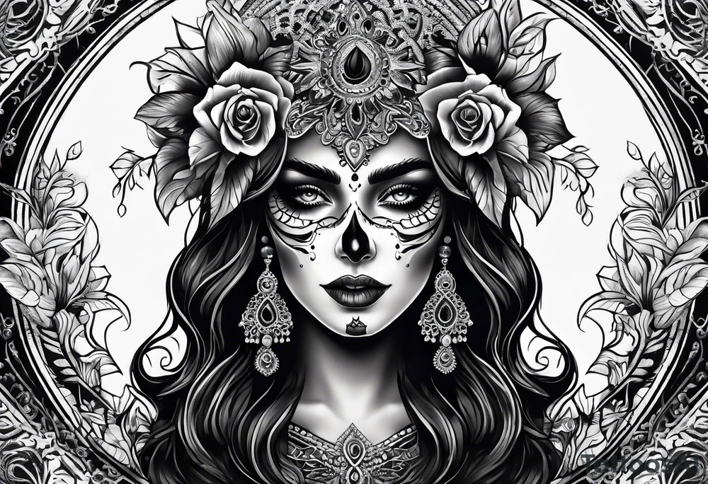 ghostly, dark, woman's face, day of the dead, zoomed out, white border tattoo idea