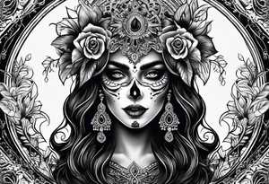 ghostly, dark, woman's face, day of the dead, zoomed out, white border tattoo idea