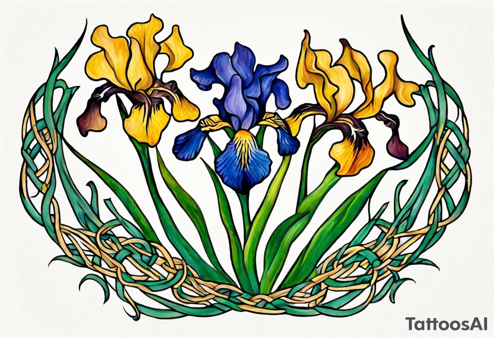Create a colorful small Vincent van Gogh Irises tattoo with Celtic knots. The tattoo should take the form of a crescent, with vines gracefully intertwining at a central point in the middle of the wreath. Ensure that the design avoids the appearance of a bush and maintains a more structured and deliberate arrangement. The intended placement is on the upper chest. The overall design should be small in size while maintaining a delicate and artistic aesthetic. Pay attention to the graceful flow of the vines and the placement of the irises to achieve a refined and elegant look tattoo idea