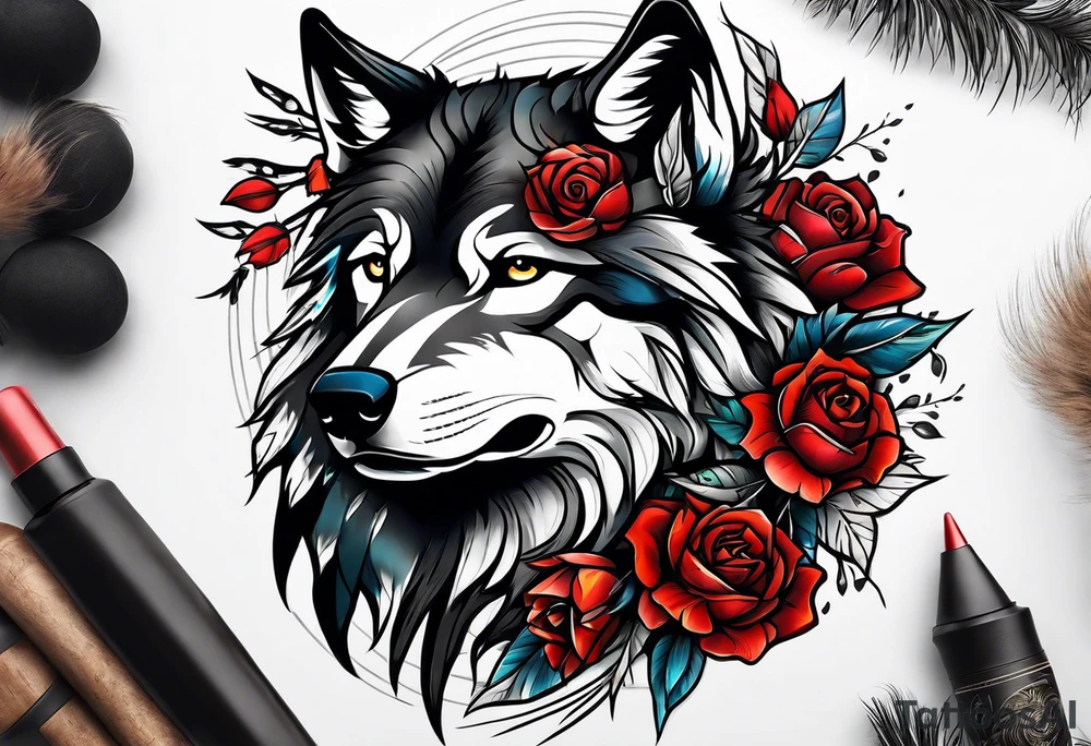 Native American wrapped in roses with a wolf pelt tattoo idea