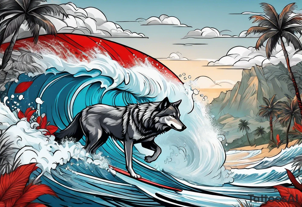 a pack muscular of gray wolves surfing with a tropical background with red white and black and gray tattoo idea