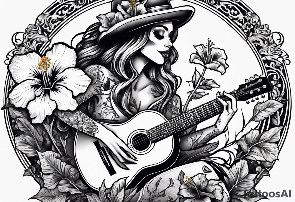 a female skeleton holding a hibiscus flower and a male skeleton playing a guitar. tattoo idea