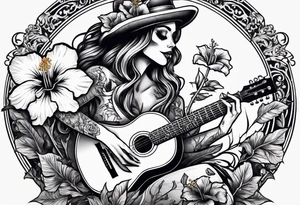 a female skeleton holding a hibiscus flower and a male skeleton playing a guitar. tattoo idea