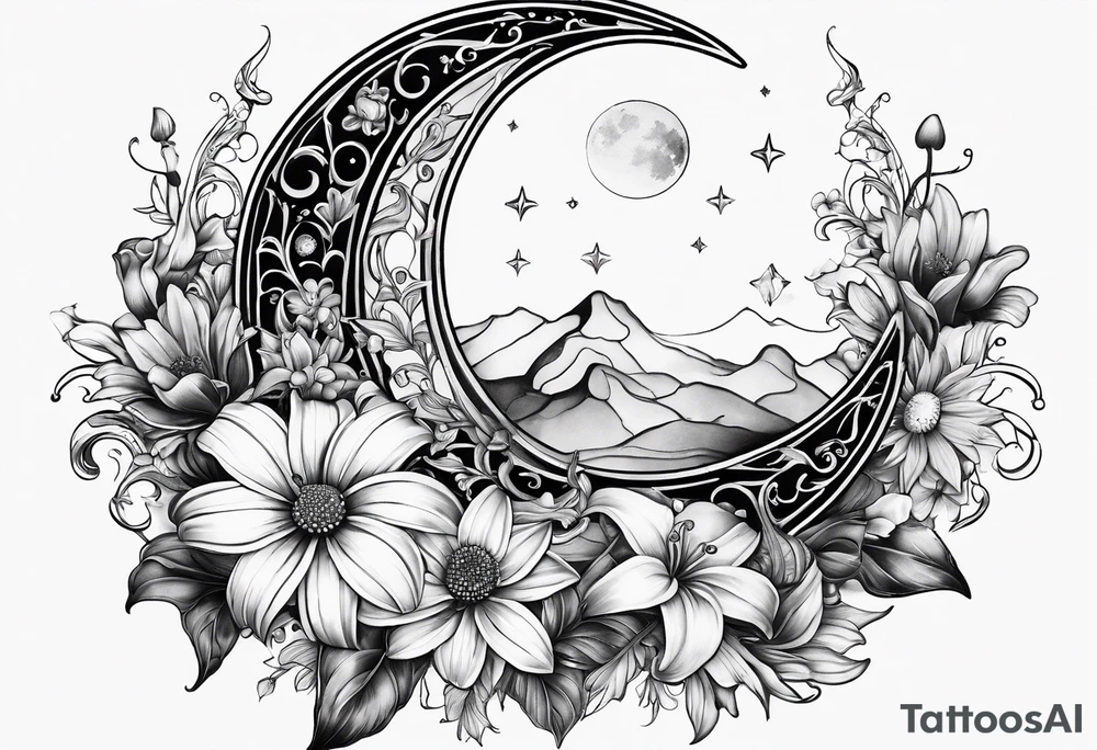 Crescent moon with daisy's, lily’s, crystals, and mushrooms tattoo idea