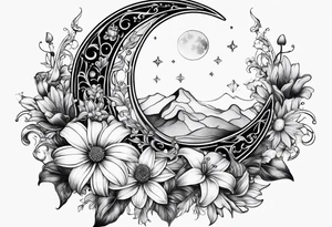 Crescent moon with daisy's, lily’s, crystals, and mushrooms tattoo idea