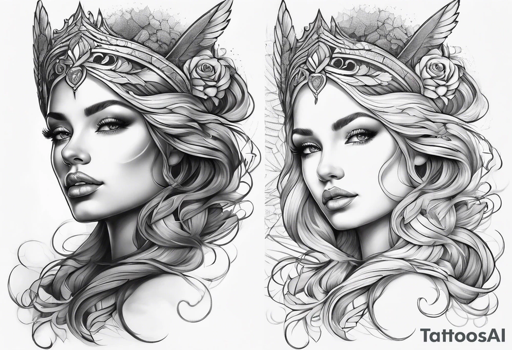 Mythical angelic woman face on arm tattoo idea