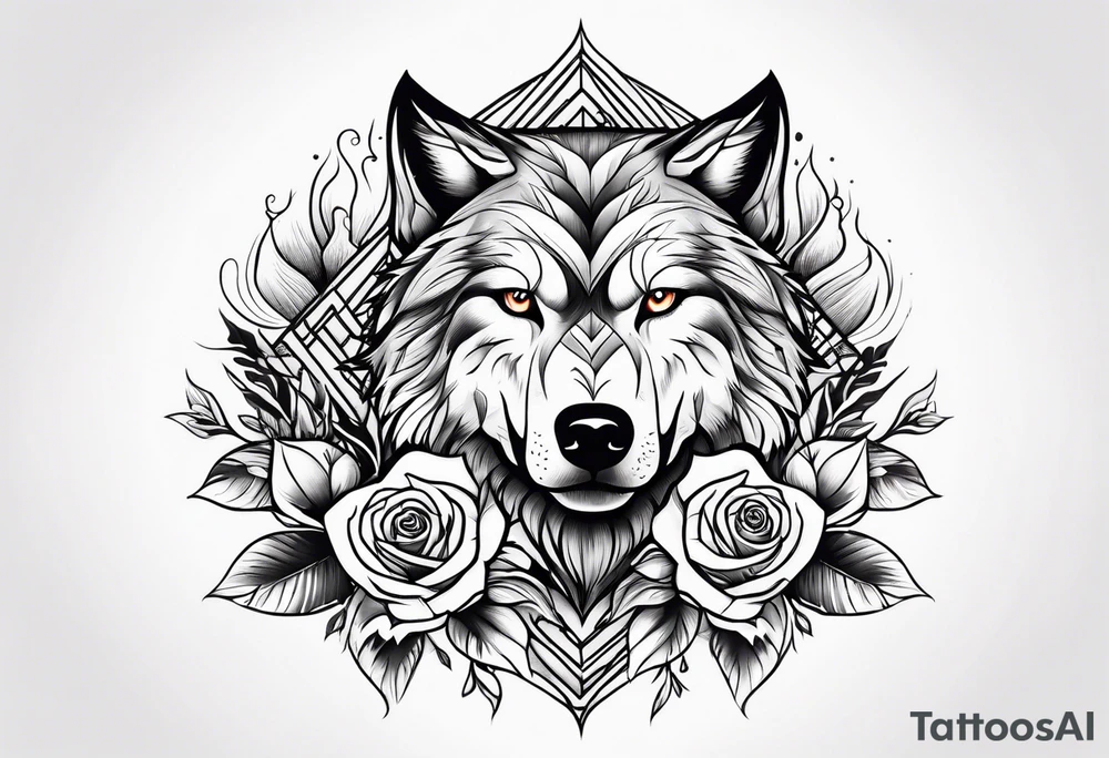 Rose with flames from top into a wolf tattoo idea