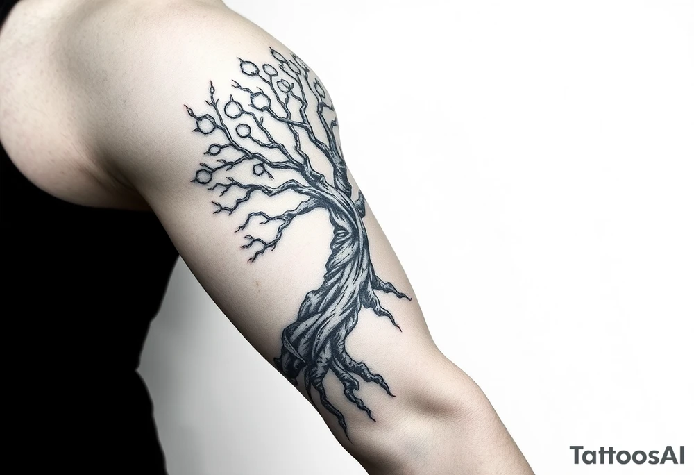 mystical tree of life with cosmic roots and celestial branches tattoo idea