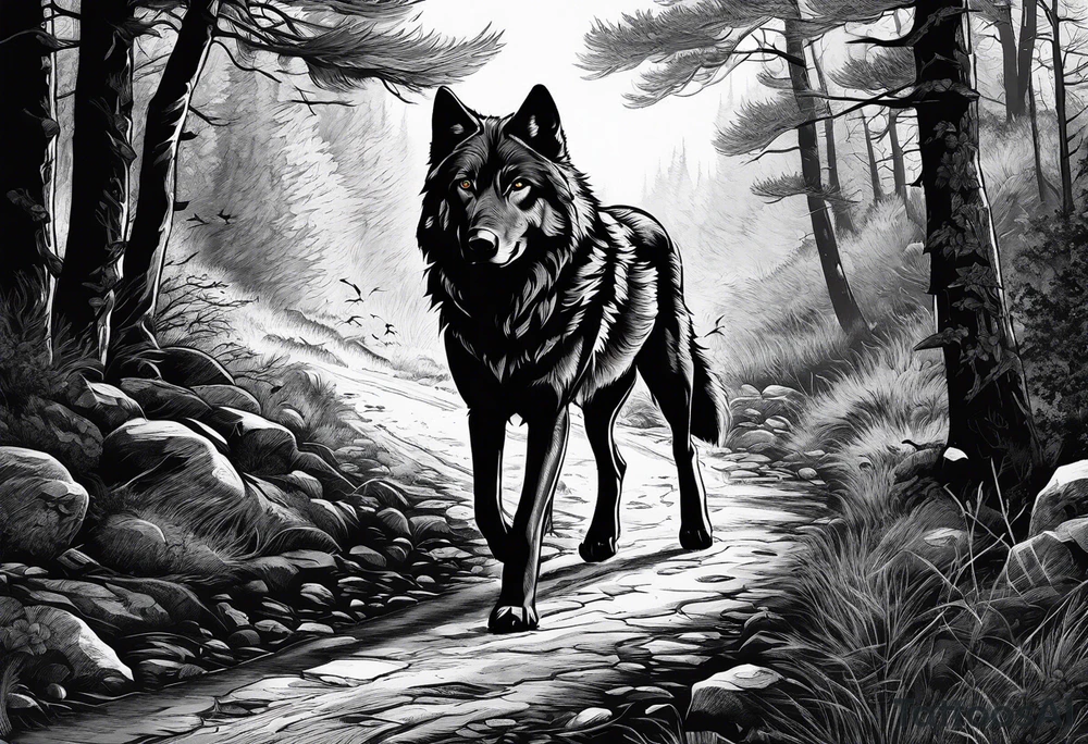 Lone wolf on a path or road. A pack of animals on the opposite end of road. tattoo idea