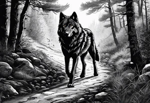Lone wolf on a path or road. A pack of animals on the opposite end of road. tattoo idea