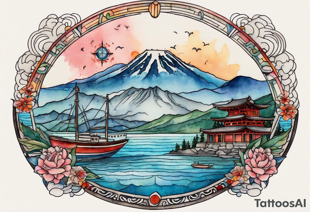 compass rose with half moon bay, mountains, Kansas city skyline and 
Arc de Triomphe, spilled watercolor and tiny jet plane silhouette and a tiny ski boat in the water tattoo idea