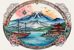 compass rose with half moon bay, mountains, Kansas city skyline and 
Arc de Triomphe, spilled watercolor and tiny jet plane silhouette and a tiny ski boat in the water tattoo idea