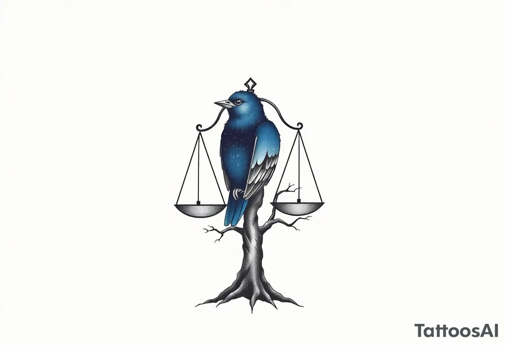 one of the birds red wearing a suit, other bird navy blue with glasses or holding a book, scales of justice built into a tree, starry night painting and mountain background tattoo idea