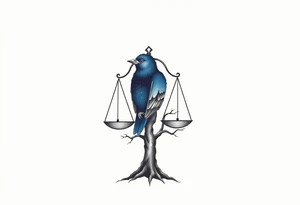one of the birds red wearing a suit, other bird navy blue with glasses or holding a book, scales of justice built into a tree, starry night painting and mountain background tattoo idea