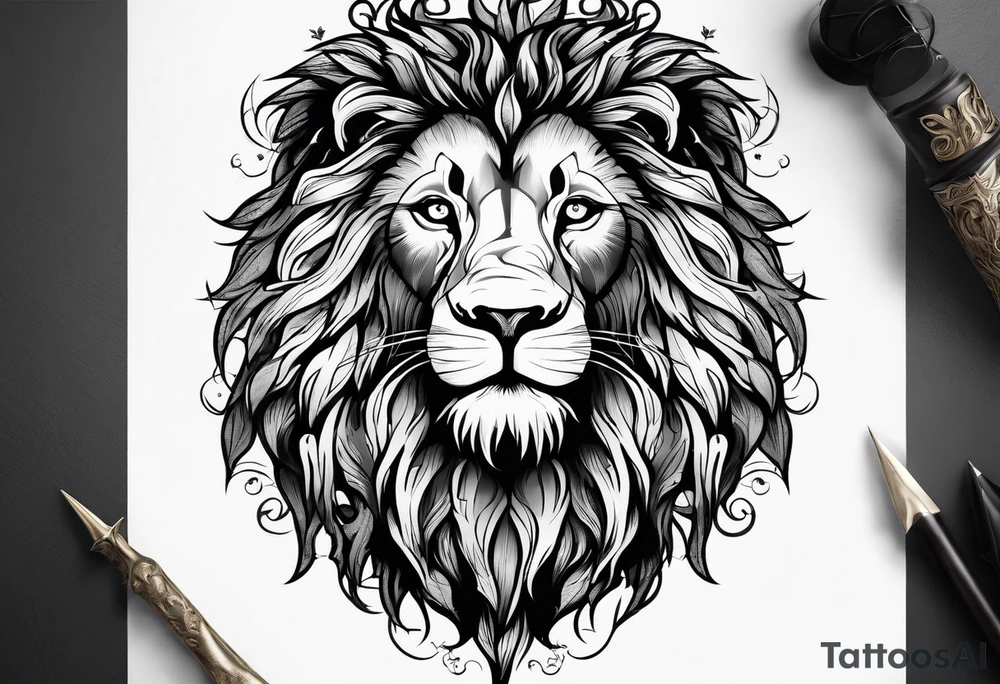 The lion of Judah, which is Jesus Christ, is tied and intertwined within a maple tree, and a cross as well tattoo idea