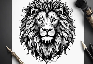 The lion of Judah, which is Jesus Christ, is tied and intertwined within a maple tree, and a cross as well tattoo idea