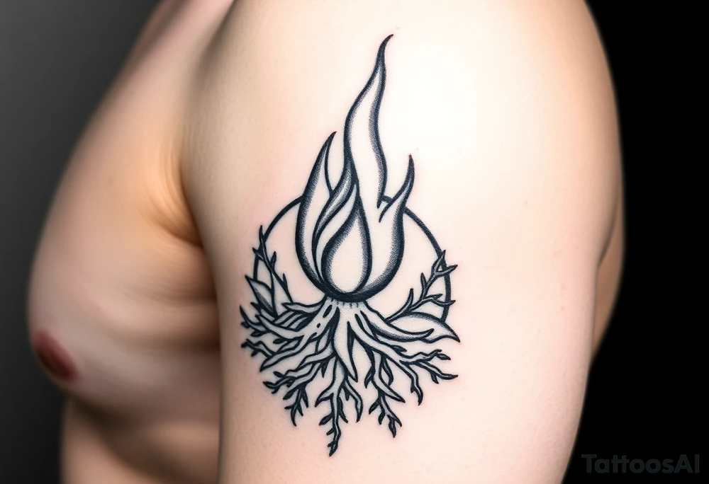 flame in a blooming roots circle tattoo idea
