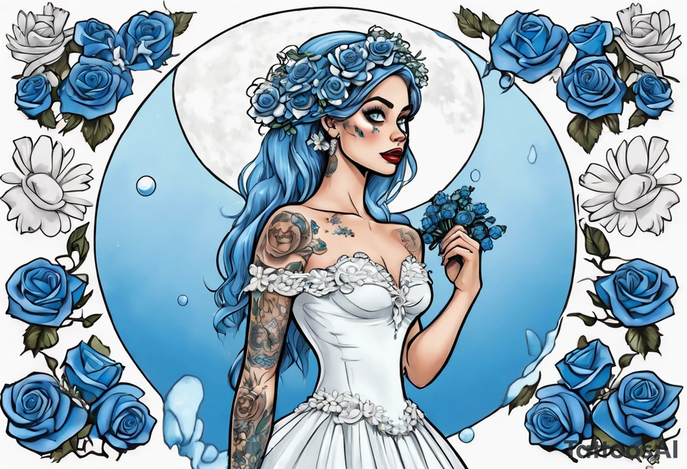 character Emily from the film corps bride. she is wearing a wedding dress. the vail on her head. she is holding a bouquet of blue roses in the middle of the bouquet  there is one white daisy. there is a Blue Morpho butterfly flying above the white daisy. A full moon on the background. tattoo idea
