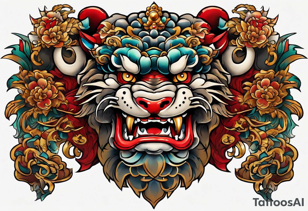Double chest piece, done in Neo Japanese style of Okinawa shisa. On one side is the male with his mouth open, and the other side, the female with her mouth closed. tattoo idea