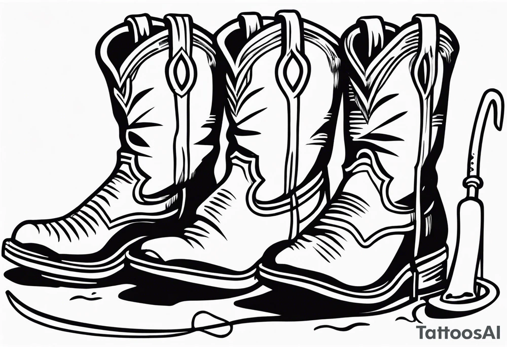 Square toe cowboy boots with tools and fishing rod coming out of them tattoo idea