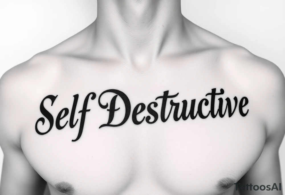Outline of the words Self Destructive in a bold and thick gothic black letter cursive/ curly font lettering across the chest tattoo idea