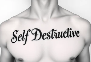 Outline of the words Self Destructive in a bold and thick gothic black letter cursive/ curly font lettering across the chest tattoo idea