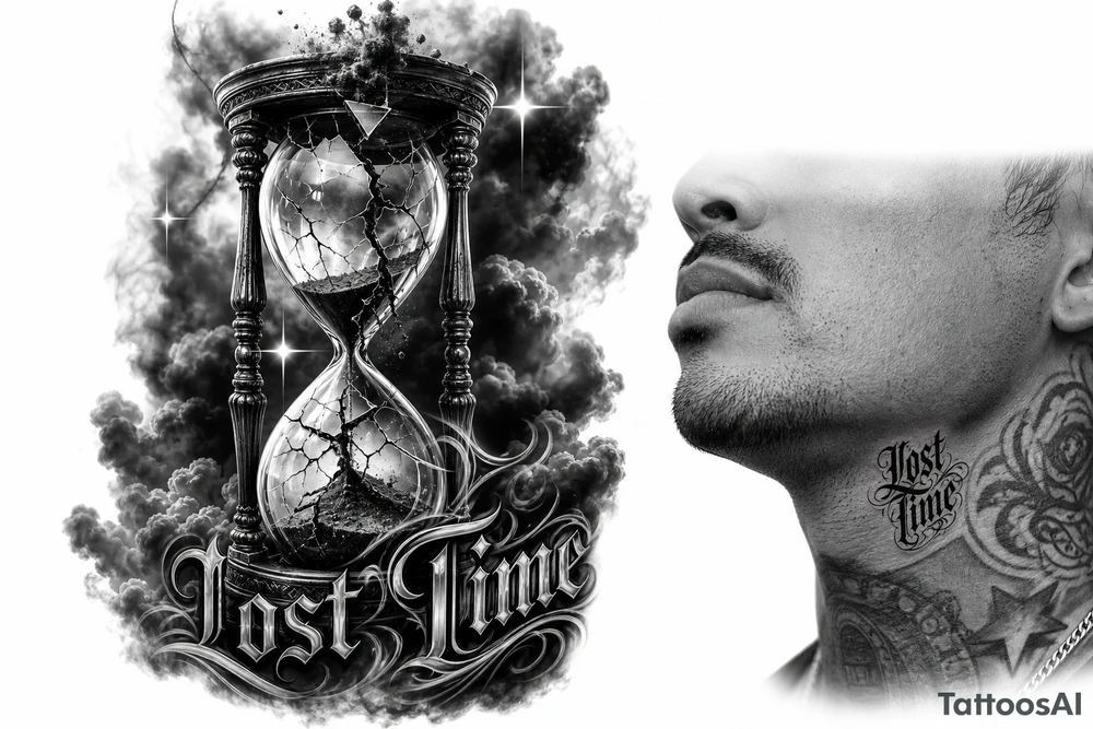 Black and grey realism tattoo design of a cracked, shattered hourglass centered in dark heavy clouds. Sand and dark smoke floating upward out of the glass. Custom gothic script lettering that says "Lost Time" wrapped around the base. Chicano style shading, deep blackwork background, sharp 4-point sparkle stars, high contrast, clean white background, tattoo stencil style. Put on the throat not the back of neck put “Lost Time” like on the side on neck but still connected make lost time wat smaller tattoo idea