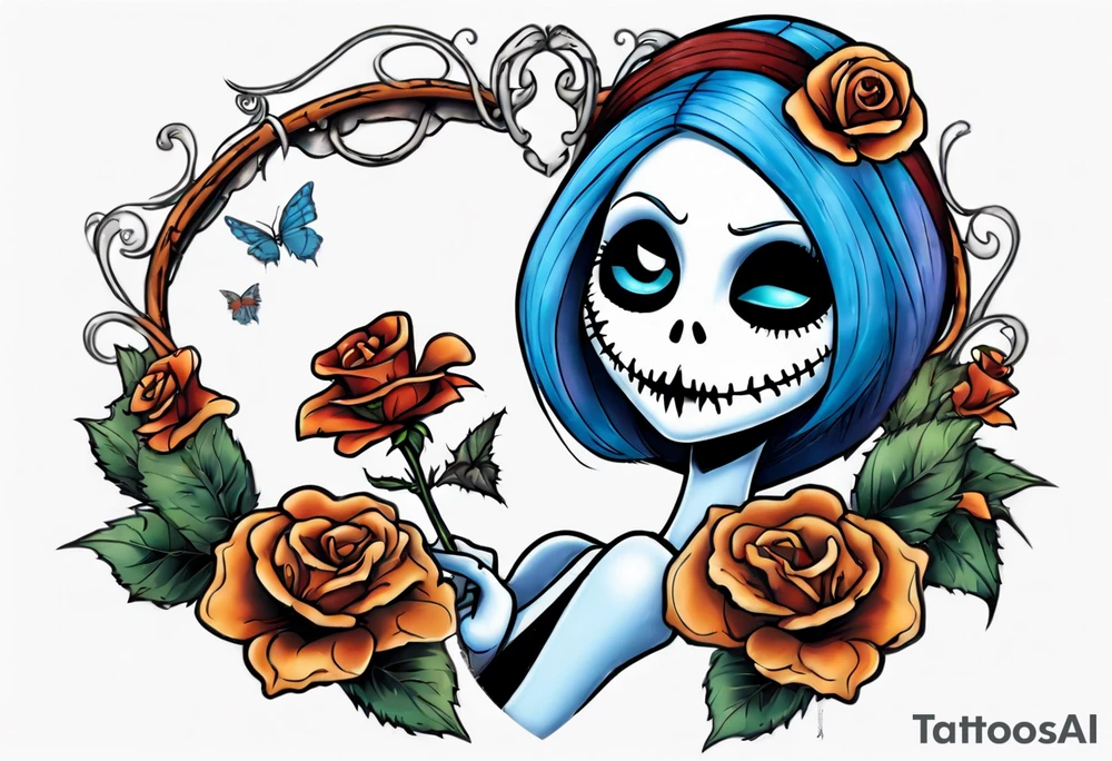 Nightmare before Christmas Sallyholding a flower. With a blue butterfly flying around her. tattoo idea