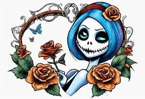 Nightmare before Christmas Sallyholding a flower. With a blue butterfly flying around her. tattoo idea