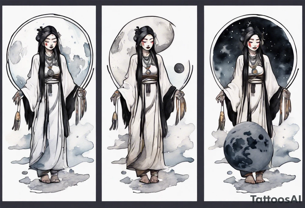 an indigenous woman wearing black and white robes standing on the moon tattoo idea