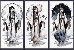 an indigenous woman wearing black and white robes standing on the moon tattoo idea
