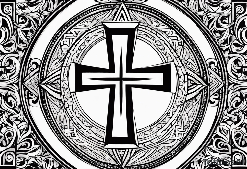 Tattoo: A refined cross with a soft halo on top of it, symbolizing light and spirituality. Delicate rays extend outward from the halo, adding a subtle glow and depth. The cross itself is simple and elegant, with potential for small, intricate line details within the design. tattoo idea