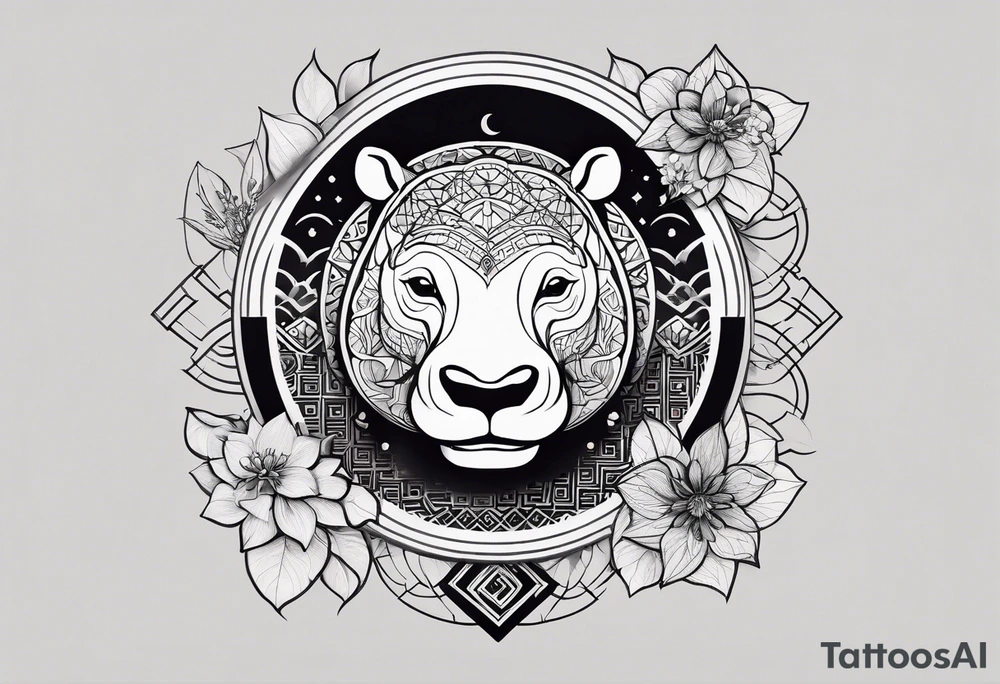 Very asymmetrical, +geometric pattern, with realistic full moon, with serious looking hippo, +zen feel, + Buddhism touch, +tribal, +geometric, +chinese inkart 
with wintersweet flower bud, +portrait orientation, +inkart touch, tattoo idea