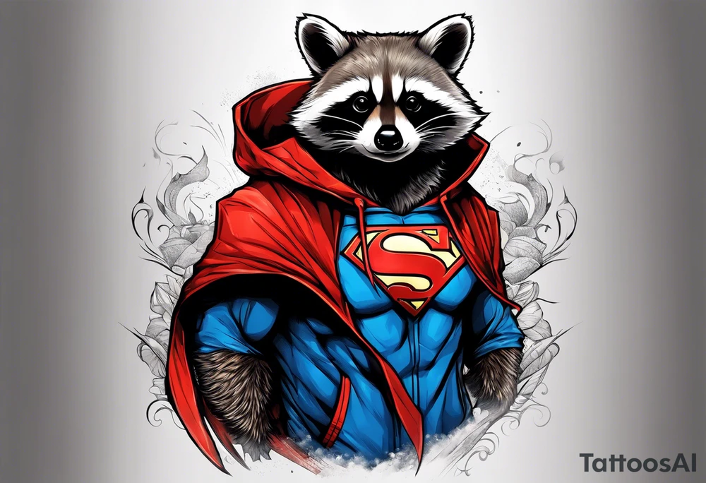 raccoon wearing a Superman hoodie tattoo idea