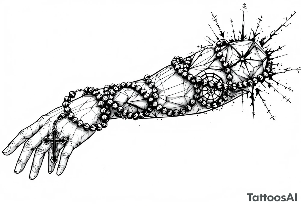 Left arm sleeve with a rosary necklace surrounding the arm from the top of the arm to the back of the palm tattoo idea