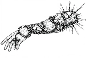 Left arm sleeve with a rosary necklace surrounding the arm from the top of the arm to the back of the palm tattoo idea