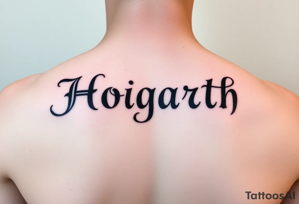 Hogarth in calligraphy style lettering thin with like cursive writing in the middle of my back at the top just under my neck tattoo idea