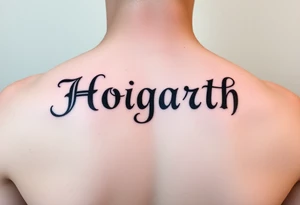 Hogarth in calligraphy style lettering thin with like cursive writing in the middle of my back at the top just under my neck tattoo idea