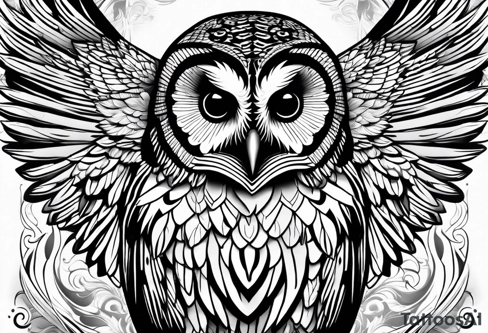 barred owl with wings fully extended looking straight on tattoo idea