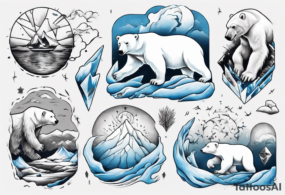 arm tattoo of weather and a little muscular polar bear and ice berg and some nature make colors primary black and white with a little blue tattoo idea