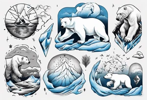 arm tattoo of weather and a little muscular polar bear and ice berg and some nature make colors primary black and white with a little blue tattoo idea