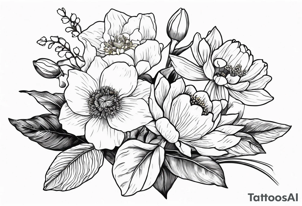 Small lime work flower bouquet with 1 daffodil, lily of the valley, 1 poppy, 1 peony, 1 chrysanthemum, and some leaves. Put a butterfly above the daffodil tattoo idea