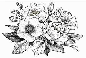 Small lime work flower bouquet with 1 daffodil, lily of the valley, 1 poppy, 1 peony, 1 chrysanthemum, and some leaves. Put a butterfly above the daffodil tattoo idea