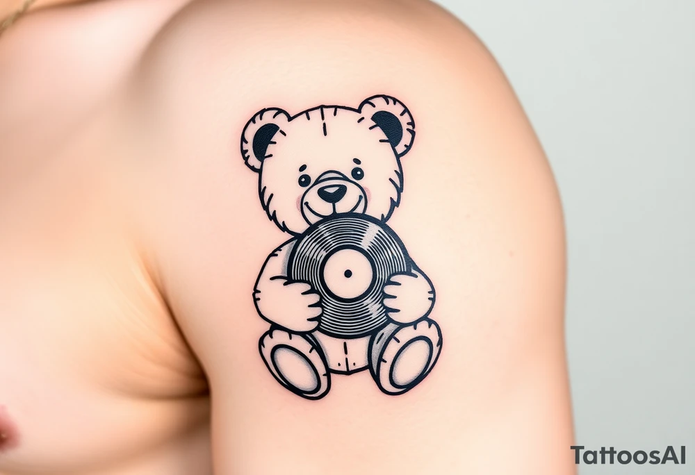 minimalist teddy bear smiling and holding a vinyl record tattoo idea