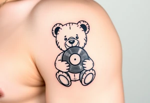 minimalist teddy bear smiling and holding a vinyl record tattoo idea