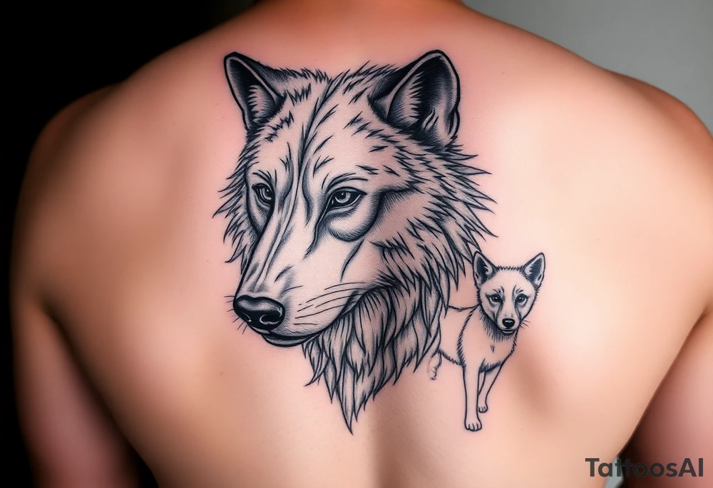 A solitary yet sublime and noble wolf and its progeny. the face tattoo idea